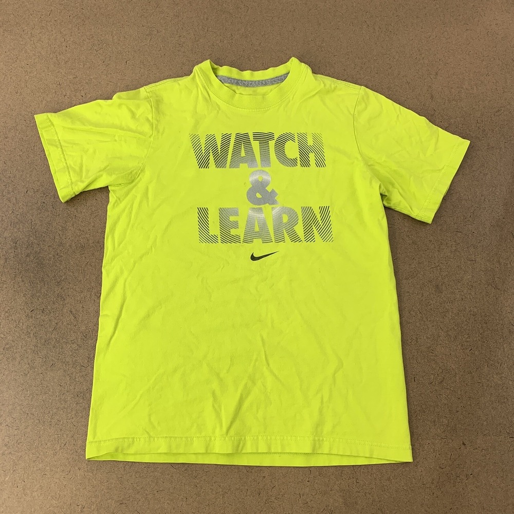 Nike Youth Size Medium Bright Green "Watch & Learn" Graphic Print Shirt *Flaw*